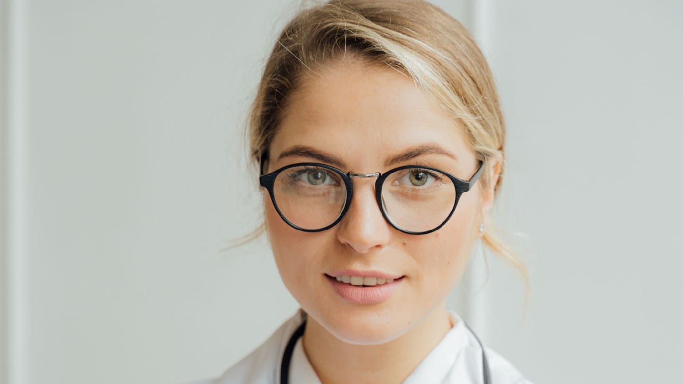 Médica em consultório segurando prancheta